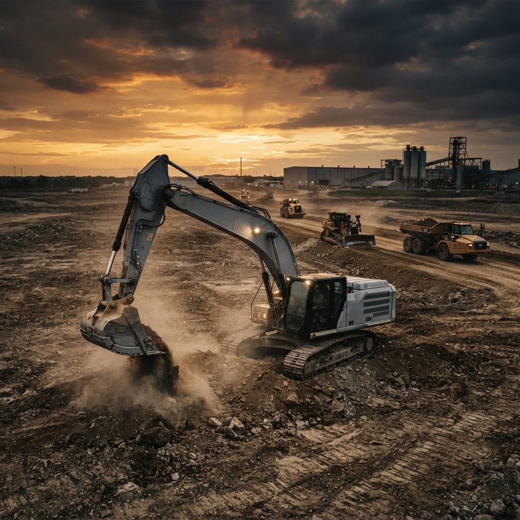 Maquinaria pesada operando en un terreno industrial al atardecer